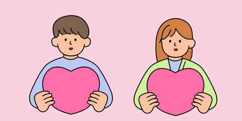 Man and Woman Embracing a Heart, Love yourself concept. Simple vector illustration.