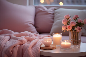 Fototapeta na wymiar Cozy Pink Cushions and Candles on Table