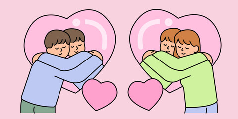 Man and Woman Embracing Yourself in the Heart Mirror, Love yourself concept. Simple vector illustration.