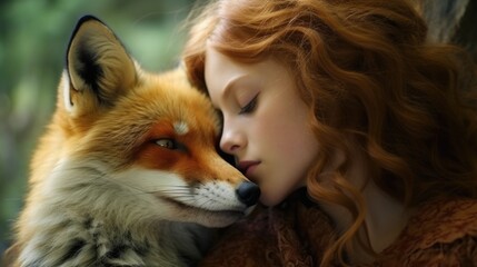 Obraz premium A young girl is cuddling a red fox