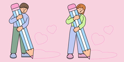 Man and Woman Holding a Big Pencil and Drawing a Heart, Love yourself concept. Simple vector illustration.