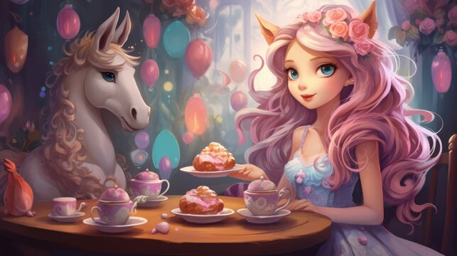 A girl sitting at a table with a unicorn and cupcake