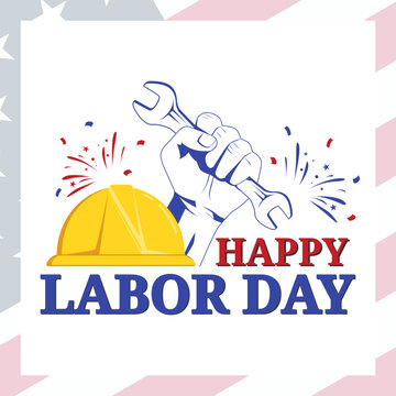 vector graphic of hand grabbing a wrench and helmet on America flag background suitable for USA labor day
