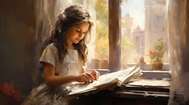 A painting of a young girl reading a book