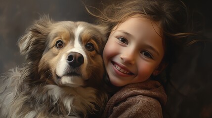 A little girl hugging a dog with a smile on her face