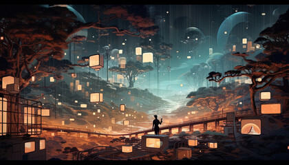 Illustration featuring a surreal arrangement of floating media screens