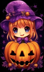 A girl in a witch hat holding a pumpkin