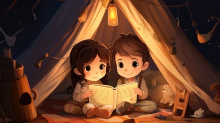 Obraz na płótnie Canvas A boy and a girl reading a book in a tent
