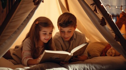 Obraz na płótnie Canvas Two children reading a book in a tent