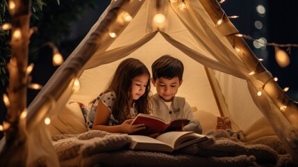 Obraz na płótnie Canvas A couple of kids reading a book in a tent