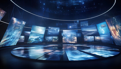 Floating media screens that project images, a combination of technological and ethereal elements