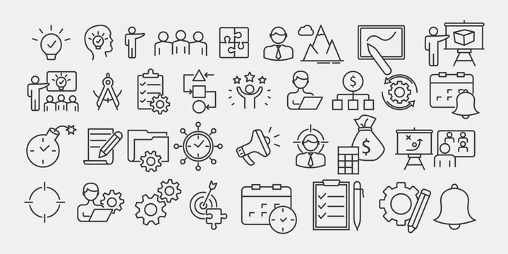 Project management set of web icons in line style. Business or organization management icons for web and mobile app. Time management, planning, project, startup, marketing. vector illustration sign © STUDIOXI