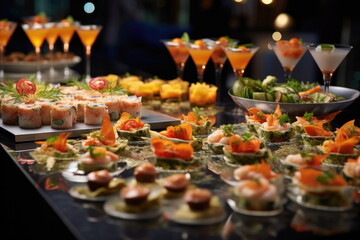 Naklejka na ściany i meble Buffet food, catering food party at restaurant, mini canapes, snacks and appetizers