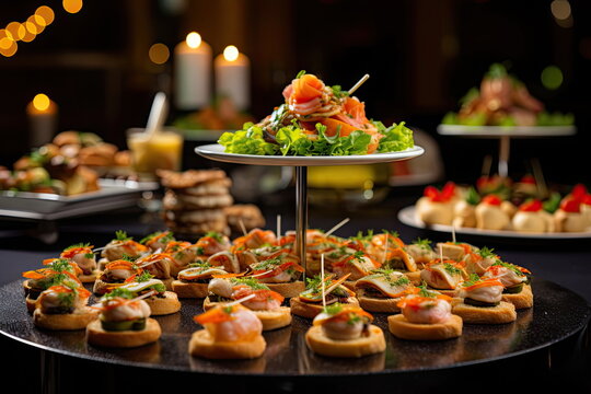 Buffet food, catering food party at restaurant, mini canapes, snacks and appetizers