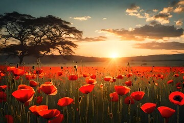 Beautiful nature background with red poppy flower poppy in the sunset in the field. Remembrance day, Veterans day, lest we forget concept. 3d render