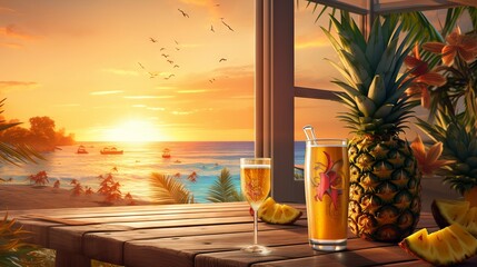 Tropical sunset vibes: beer can and cocktail glass with pineapple in relaxing setting