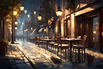 a painting of a city street with tables, chairs and lamps 3d render - obrazy, fototapety, plakaty