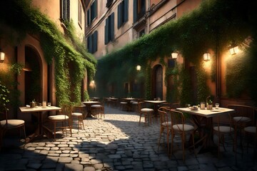 Fototapeta na wymiar Beautiful ancient street in Rome lined with leafy vines and cafe tables 3d render
