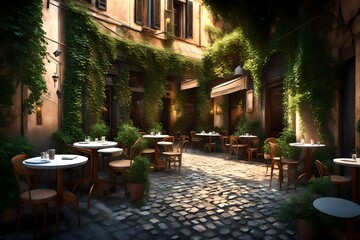 Fototapeta na wymiar Beautiful ancient street in Rome lined with leafy vines and cafe tables 3d render
