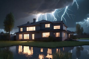 Naklejka na ściany i meble Lighting storm over a suburban house 3d render