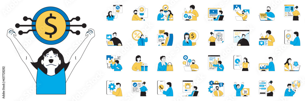 Poster Digital business concept with character situations mega set. Bundle of scenes people developing e-business and e-commerce, creating digital content and other. Vector illustrations in flat web design