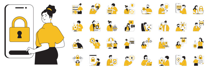 Cyber security concept with character situations mega set. Bundle of scenes people protect personal data, password access, financial account secure and other. Vector illustrations in flat web design