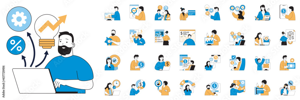 Aufkleber business and finance concept with character situations mega set. bundle of scenes people analyzing d