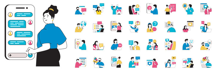 Social media concept with character situations mega set. Bundle of scenes people connecting online, sending messages, posts new photos, search info and other. Vector illustrations in flat web design