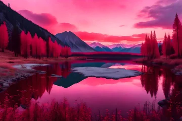 Foto op Plexiglas Pink Sky And Mirror Like Lake On Sunset With Red Color Growth On Foreground, Altai Mountains Highland Nature Autumn Landscape Photo 3d render © Ahtesham