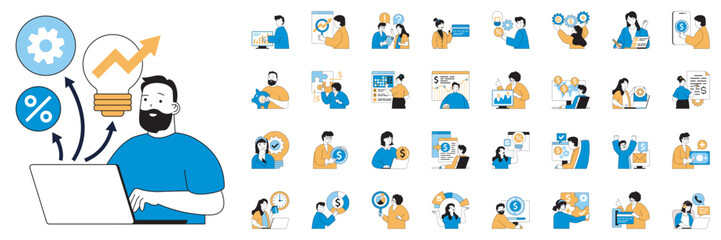 Business and finance concept with character situations mega set. Bundle of scenes people analyzing data, discussing strategy, get financial growth and other. Vector illustrations in flat web design - obrazy, fototapety, plakaty