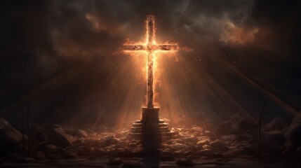 Christian cross shining light in the dark cave 
