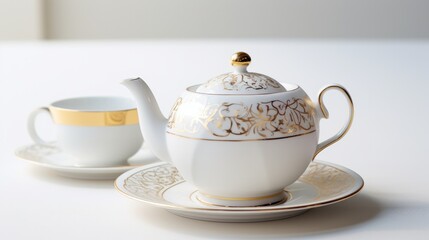 Obraz na płótnie Canvas A refined porcelain teapot and cup, their intricate patterns catching the light, are gracefully positioned on a flawless white surface, hinting at a moment of tranquility.