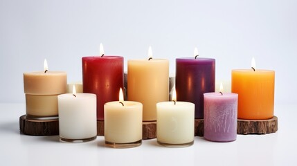 Fototapeta na wymiar Unlit artisanal candles, showcasing the texture of wax and prominence of wick, elegantly arranged on a pure white background.