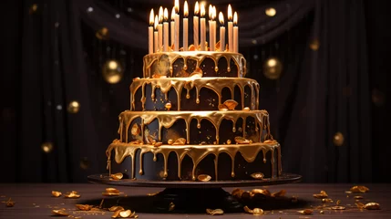Fototapeten Tiered birthday cake with golden candles © Cybonad