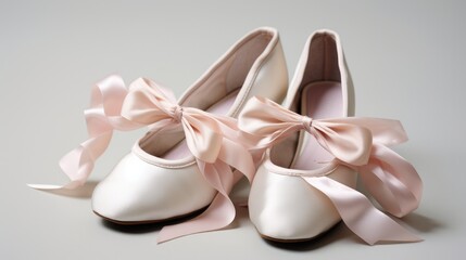 Elegant ballet shoes, their ribbons gracefully curled, showcased against a pristine white backdrop, evoking an aura of classical dance.