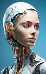 Android beautiful robot face portrait on blue background. Artificial intelligence concept. Futuristic female robot head with technology neural system. Generative AI woman head-shot in orange colors.
