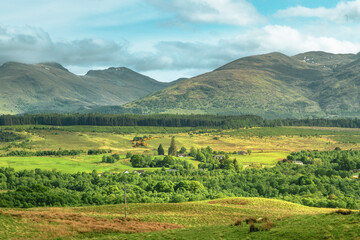 Naklejka premium The view of the Scottish Highlands and countryside near Ben Nevis Viewpoint in sunny days