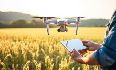 Worker using drone flying over the gold wheat field 