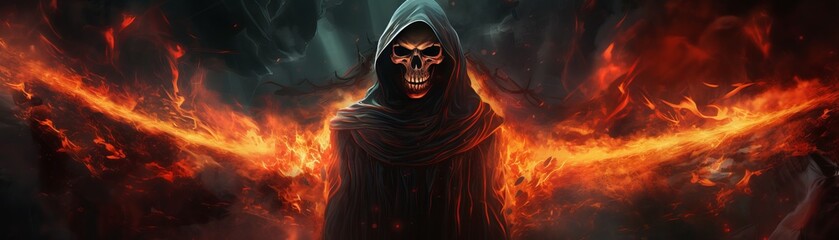 Fototapeta na wymiar Captivating Digital Fantasy Art: Reaper Skull in Fiery Darkness