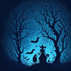 halloween night background with pumpkin, Ghost, bat, graveyard, silhouette tree