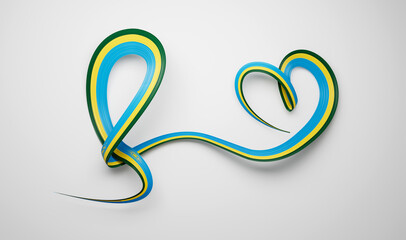 3d Flag Of Rwanda Heart Shaped Shiny Wavy Awareness Ribbon flag On White Background 3d illustration