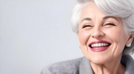 Captivating Smiles of a Lovely 50s Senior Model: Radiant Grey-Haired Woman Showcasing Joy and Beauty. Close-Up Portrait of a Healthy, Happy, and Vibrant Mature Lady, Embracing Skincare, Cosmetics