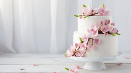 White wedding cake decorated with pink flowers