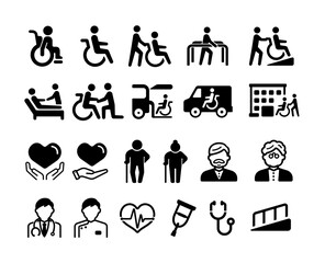 Vector icon illustrations set related to welfare for the elderly, people with disabilities etc.