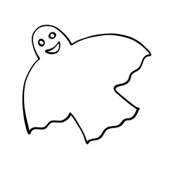 Halloween ghost with kind smile outline clipart isolated on white. Black line drawing sketch in doodle style. Vector picture, illustration of traditional decoration, baby holiday design.