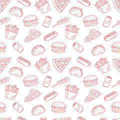Fast food doodle vector seamless pattern. Fastfood elements on white background. Hand drawn outline repeat illustration with hot dog, fries, cheeseburger, taco, pizza