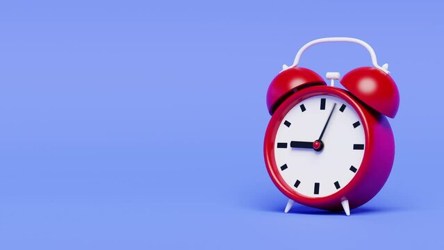 Red alarm clock with fast moving hands on blue background. Clock is on the right side with copy space on the left. ready to loop 3d animation
