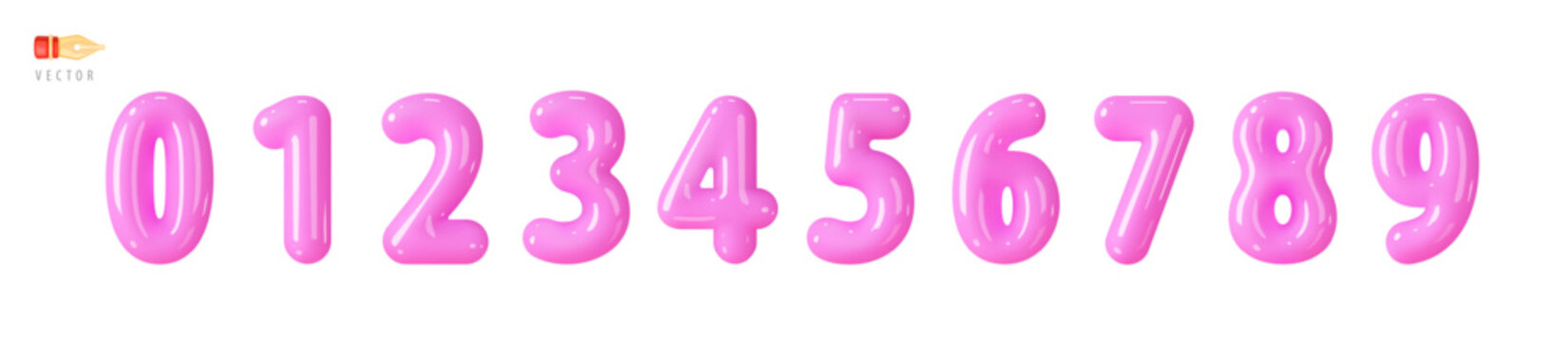 Pink numbers from 0 to 9. Collection of volumetric inflatable balloon figurines. Set of bright cartoon spherical figures, isolated on white background. Realistic 3d design. 3D Vector