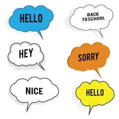 Vector set of speech bubbles in comic style. Hand drawn set of dialog windows with phrases: Hi, Hello, Thank you, Yes, Wow, Bye, Welcome, I love you