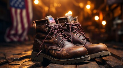 A work boot with a USA flag close-up. AI generated